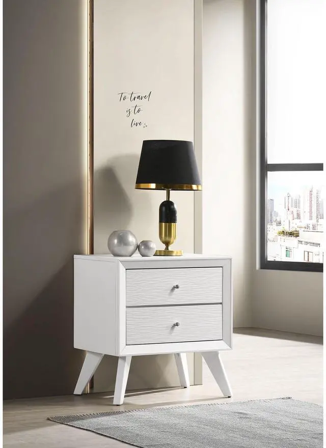 Alt view image 2 of 6 - 1Pc Nightstand White Angled Legs Round Bronze Round Knobs 2-Drawers Bedside Table Bedroom Furniture