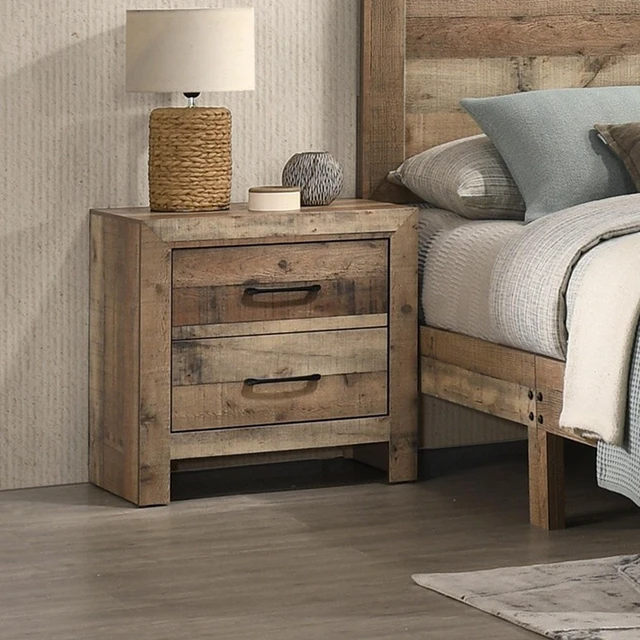 Alt view image 2 of 6 - 1Pc Rustic Plank-Style Rich Natural Finish Two Drawers Nightstand Wooden Bedroom Furniture