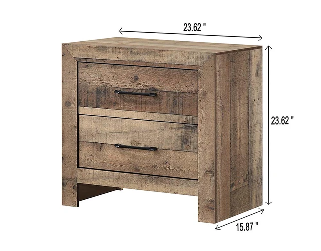 Alt view image 5 of 6 - 1Pc Rustic Plank-Style Rich Natural Finish Two Drawers Nightstand Wooden Bedroom Furniture