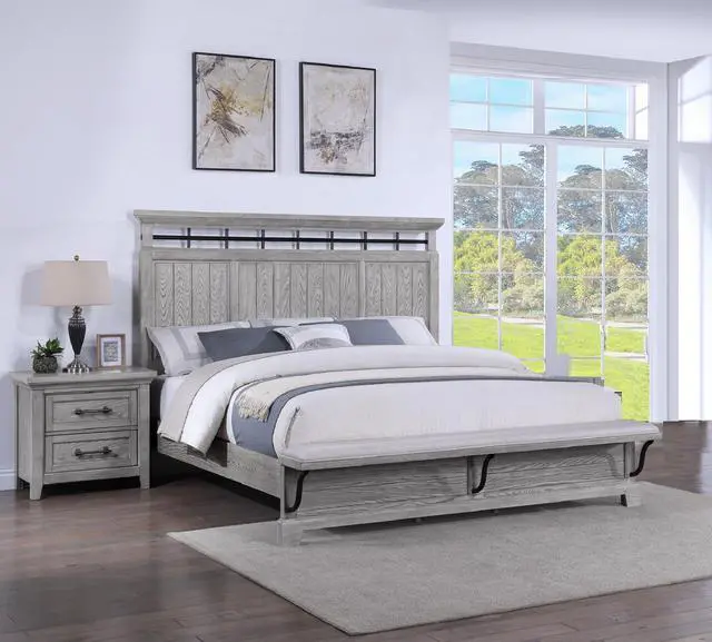 Alt view image 5 of 6 - 1Pc Gray Contemporary Rustic Wood Finish Two Drawers Nightstand Wooden Bedroom Furniture Metal Pull Grey