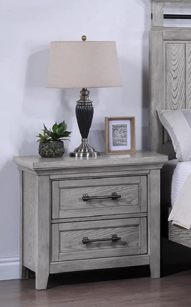 Alt view image 4 of 6 - 1Pc Gray Contemporary Rustic Wood Finish Two Drawers Nightstand Wooden Bedroom Furniture Metal Pull Grey