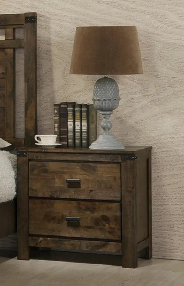 Alt view image 2 of 6 - 1Pc Nightstand End Table Rustic Brown Two Drawer Nightstand Bedroom Solid Wood Wooden Furniture