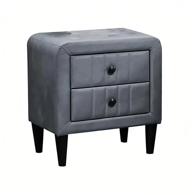 Main image of 2 Drawer Gray Velvet Upholstered Nightstand With Storage, Modern Bedside Table With Solid Wood Frame & Black Legs, Compact End Table 20" Wide
