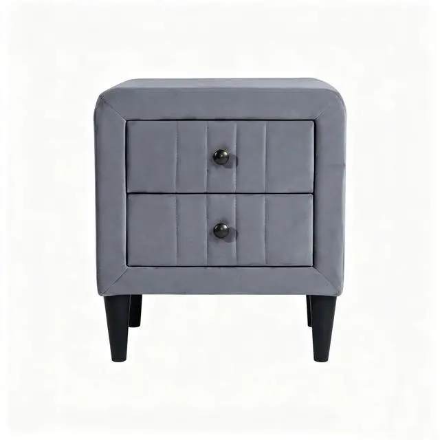 Alt view image 2 of 4 - 2 Drawer Gray Velvet Upholstered Nightstand With Storage, Modern Bedside Table With Solid Wood Frame & Black Legs, Compact End Table 20" Wide