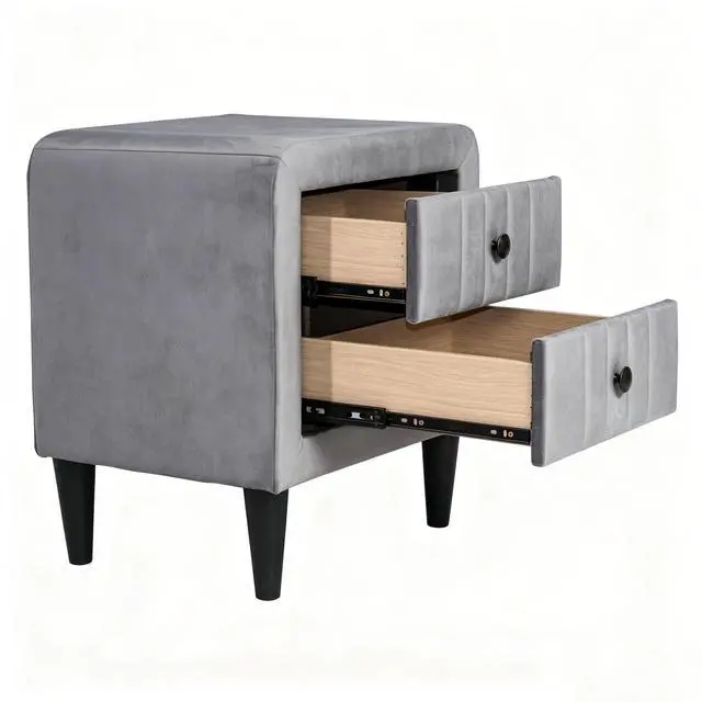 Alt view image 3 of 4 - 2 Drawer Gray Velvet Upholstered Nightstand With Storage, Modern Bedside Table With Solid Wood Frame & Black Legs, Compact End Table 20" Wide