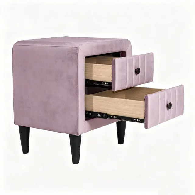 Alt view image 5 of 5 - Modern Light Pink Velvet Nightstand With 2 Drawers, Upholstered Bedside Table, Stylish Accent End Table For Bedroom, 20" Wide