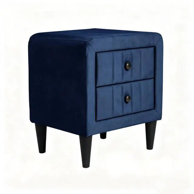 Main image of Navy Blue Velvet Upholstered Nightstand With 2 Drawers, Modern Bedside Table With Storage, Elegant Accent End Table, 20 Inch
