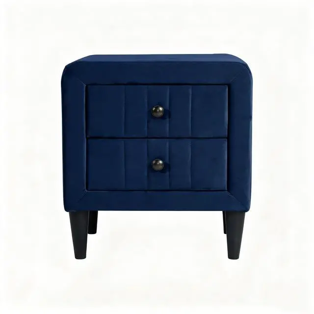 Alt view image 2 of 5 - Navy Blue Velvet Upholstered Nightstand With 2 Drawers, Modern Bedside Table With Storage, Elegant Accent End Table, 20 Inch