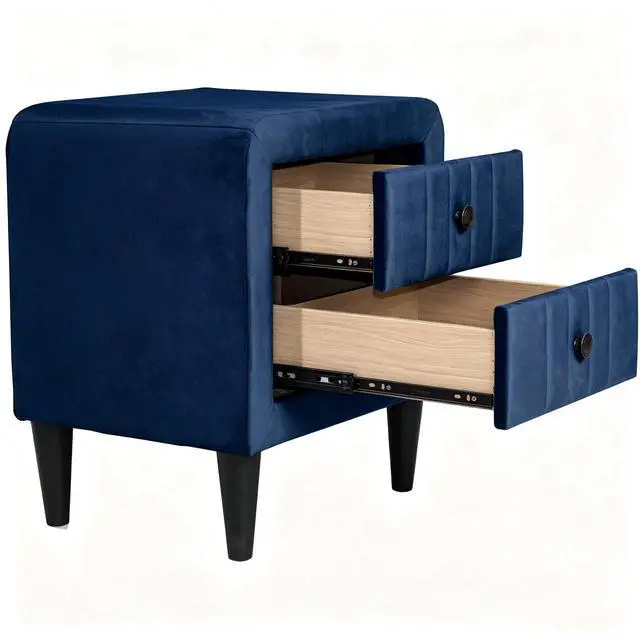 Alt view image 5 of 5 - Navy Blue Velvet Upholstered Nightstand With 2 Drawers, Modern Bedside Table With Storage, Elegant Accent End Table, 20 Inch