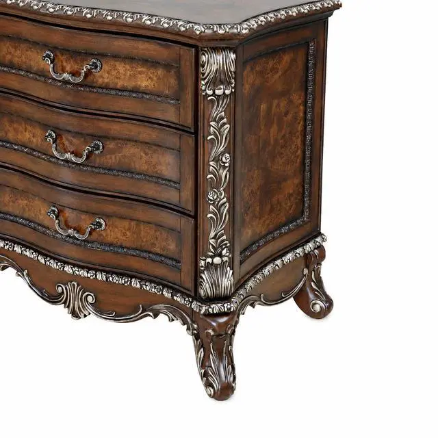 Alt view image 2 of 2 - Devany Nightstand 32"W Cherry Wood 3-Drawer Antique Oak Finish Resin Classic Bedside Table