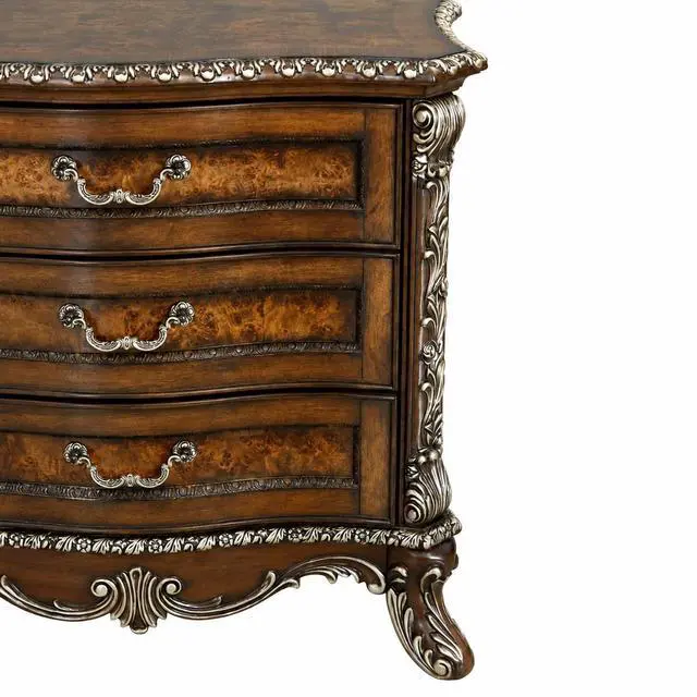 Main image of Devany Nightstand 32"W Cherry Wood 3-Drawer Antique Oak Finish Resin Classic Bedside Table