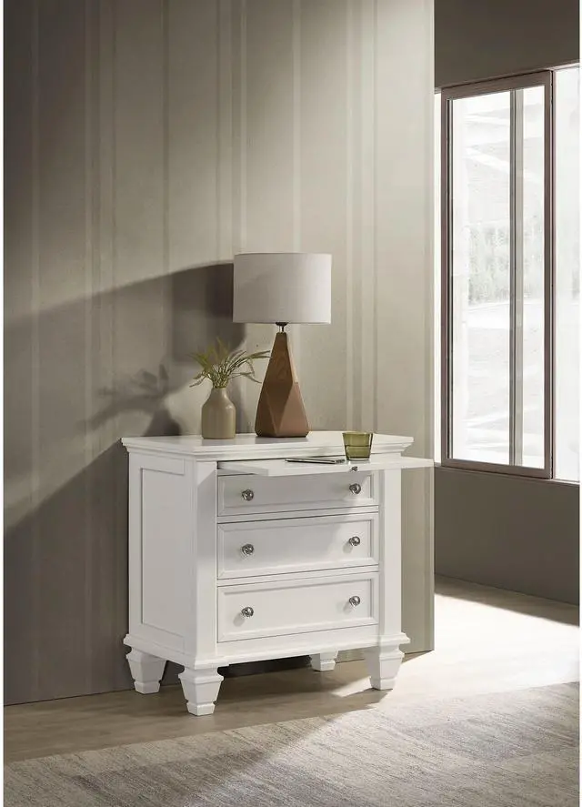 Main image of Cream White 3-Drawer Nightstand With Pull Out Tray
