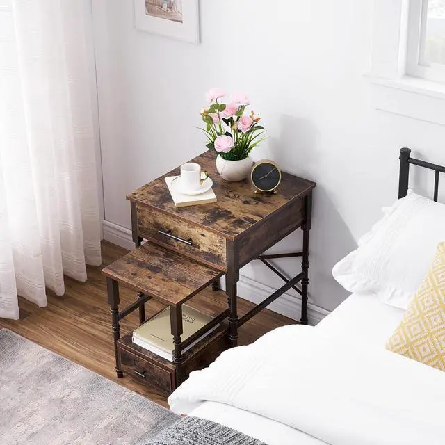Alt view image 2 of 7 - Nesting End Tables With Drawers, Metal Frame & Wooden Top, Stackable Small & Large Side Tables For Living Room, Bedroom, Sofa Side (Brown)
