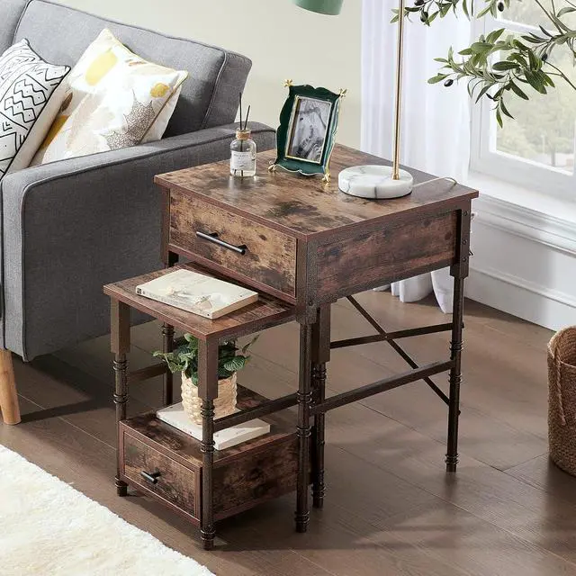 Alt view image 3 of 7 - Nesting End Tables With Drawers, Metal Frame & Wooden Top, Stackable Small & Large Side Tables For Living Room, Bedroom, Sofa Side (Brown)