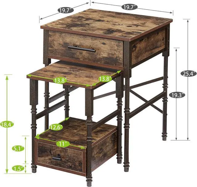 Alt view image 6 of 7 - Nesting End Tables With Drawers, Metal Frame & Wooden Top, Stackable Small & Large Side Tables For Living Room, Bedroom, Sofa Side (Brown)