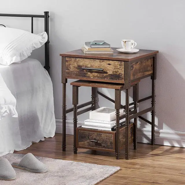 Alt view image 5 of 7 - Nesting End Tables With Drawers, Metal Frame & Wooden Top, Stackable Small & Large Side Tables For Living Room, Bedroom, Sofa Side (Brown)