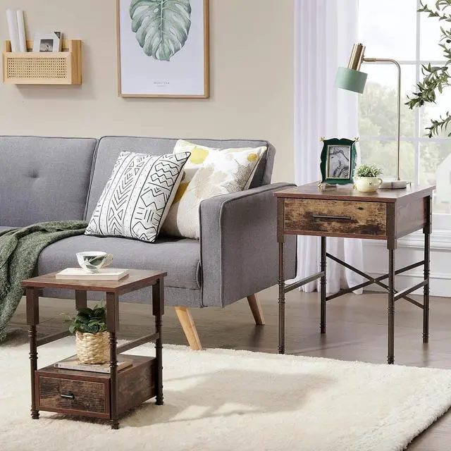 Alt view image 4 of 7 - Nesting End Tables With Drawers, Metal Frame & Wooden Top, Stackable Small & Large Side Tables For Living Room, Bedroom, Sofa Side (Brown)