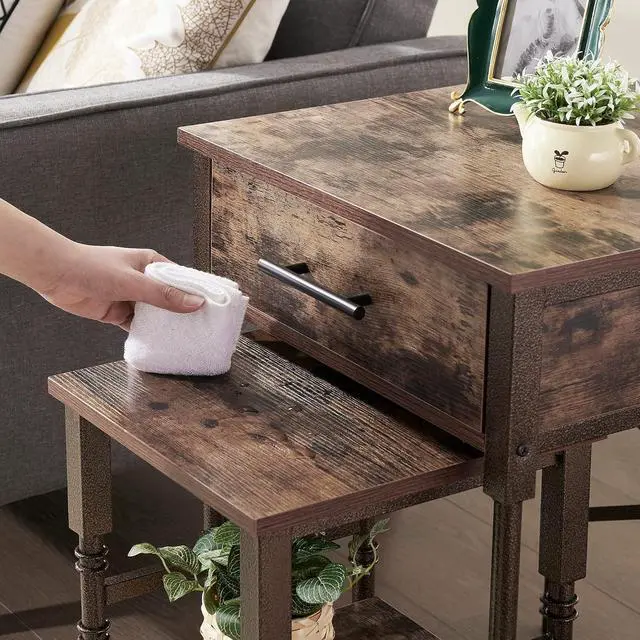 Alt view image 7 of 7 - Nesting End Tables With Drawers, Metal Frame & Wooden Top, Stackable Small & Large Side Tables For Living Room, Bedroom, Sofa Side (Brown)