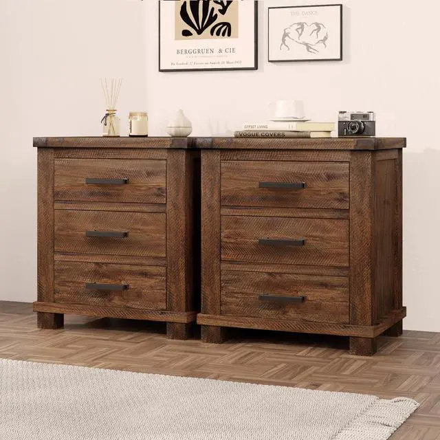 Alt view image 4 of 7 - Rustic Three Drawer Reclaimed Solid Wood Farmhouse Nightstand Set Of Two (Old Sku:Bs531408Aad)