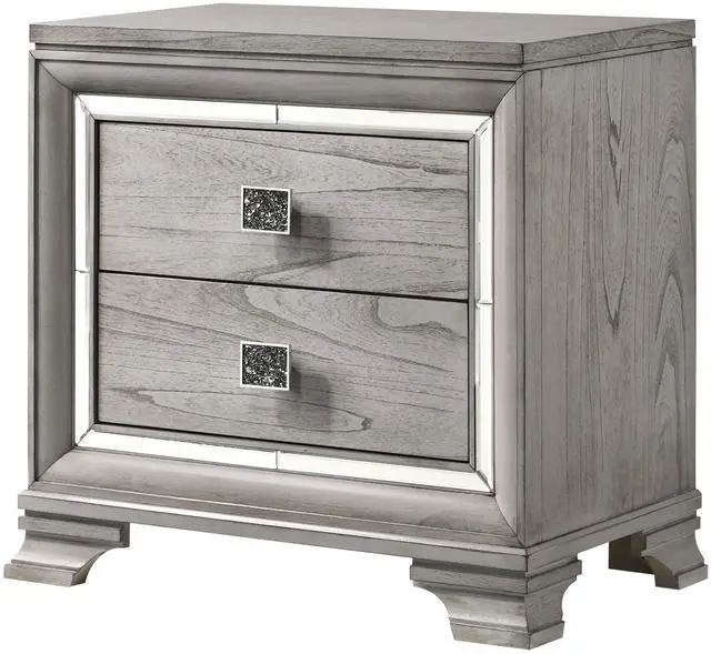 Main image of Contemporary 1Pc Light Gray Brown Finish 2 Storage Drawer Nightstand End Table Mirrored Accents Beautiful Solid Wood Wooden Bedroom Furniture