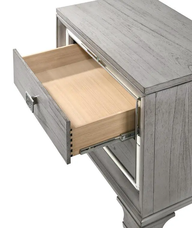 Alt view image 4 of 5 - Contemporary 1Pc Light Gray Brown Finish 2 Storage Drawer Nightstand End Table Mirrored Accents Beautiful Solid Wood Wooden Bedroom Furniture