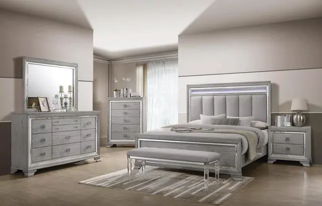 Alt view image 5 of 5 - Contemporary 1Pc Light Gray Brown Finish 2 Storage Drawer Nightstand End Table Mirrored Accents Beautiful Solid Wood Wooden Bedroom Furniture