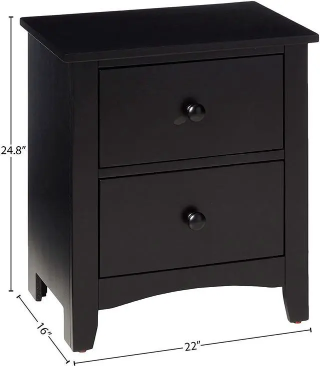 Alt view image 3 of 5 - Black Finish Nightstand 2-Drawers Pine Veneer Mdf Wooden 1Pc Modern Nightstand