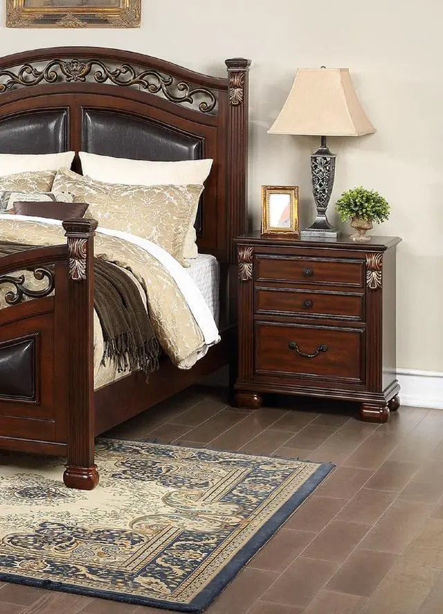 Alt view image 2 of 6 - Bedroom Furniture Traditional Look Unique Wooden Nightstand Drawers Bed Side Table Cherry