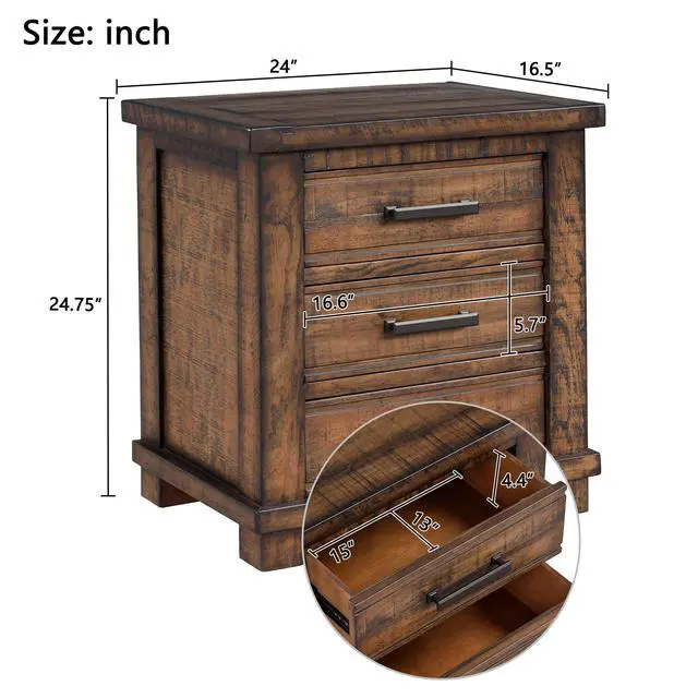 Alt view image 3 of 7 - Rustic Three Drawer Reclaimed Solid Wood Farmhouse Nightstand (Old Sku:Wf531408Aad)