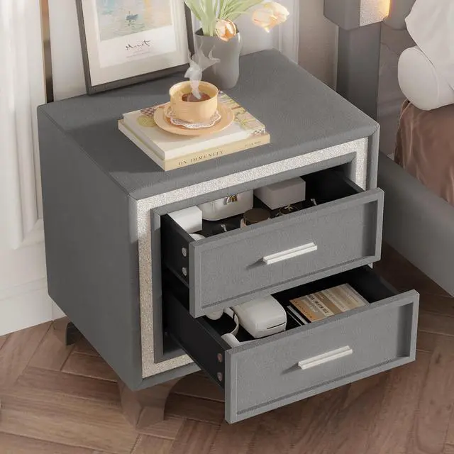 Alt view image 2 of 7 - Mid Century Vintage Nightstand With Silver Glitter Strip Decor And Metal Legs, Velvet Bedside Table With 2 Drawers, Fully Assembled Except Legs And Handles, Gray