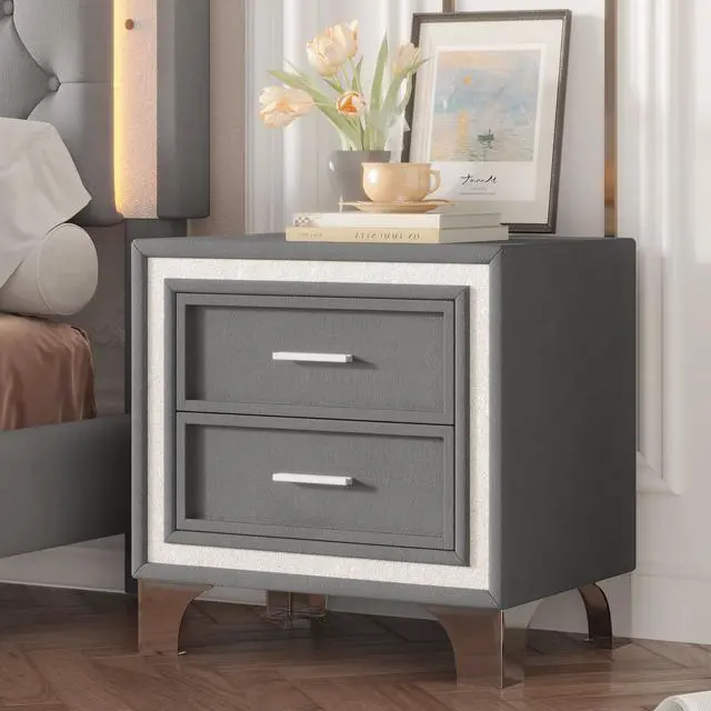 Alt view image 4 of 7 - Mid Century Vintage Nightstand With Silver Glitter Strip Decor And Metal Legs, Velvet Bedside Table With 2 Drawers, Fully Assembled Except Legs And Handles, Gray