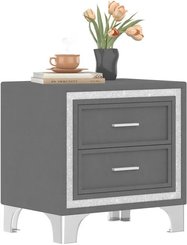 Alt view image 5 of 7 - Mid Century Vintage Nightstand With Silver Glitter Strip Decor And Metal Legs, Velvet Bedside Table With 2 Drawers, Fully Assembled Except Legs And Handles, Gray