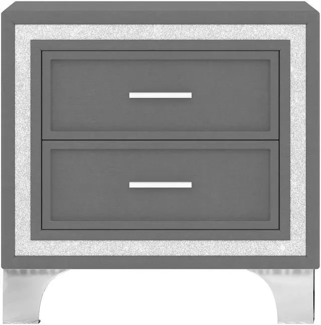 Alt view image 6 of 7 - Mid Century Vintage Nightstand With Silver Glitter Strip Decor And Metal Legs, Velvet Bedside Table With 2 Drawers, Fully Assembled Except Legs And Handles, Gray