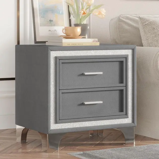 Alt view image 3 of 7 - Mid Century Vintage Nightstand With Silver Glitter Strip Decor And Metal Legs, Velvet Bedside Table With 2 Drawers, Fully Assembled Except Legs And Handles, Gray