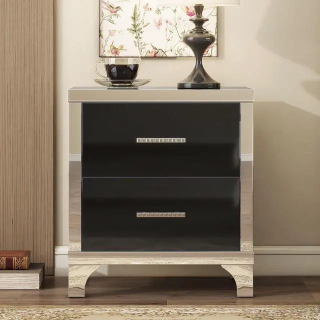 Alt view image 4 of 7 - Elegant High Gloss Nightstand With Metal Handle,Mirrored Bedside Table With 2 Drawers For Bedroom,Living Room,Black