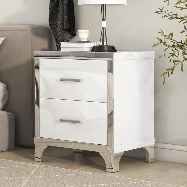 Main image of Elegant High Gloss Nightstand With Metal Handle,Mirrored Bedside Table With 2 Drawers For Bedroom,Living Room,White