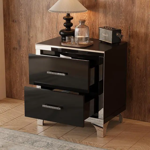 Alt view image 2 of 7 - Elegant High Gloss Nightstand With Metal Handle,Mirrored Bedside Table With 2 Drawers For Bedroom,Living Room,Black
