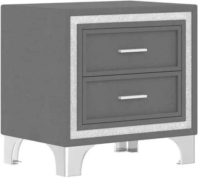 Alt view image 7 of 7 - Mid Century Vintage Nightstand With Silver Glitter Strip Decor And Metal Legs, Velvet Bedside Table With 2 Drawers, Fully Assembled Except Legs And Handles, Gray