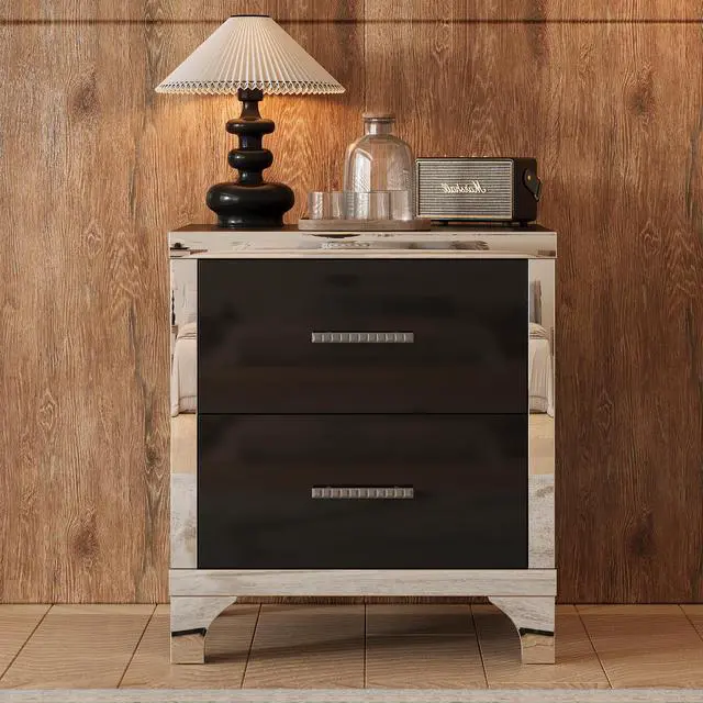 Alt view image 3 of 7 - Elegant High Gloss Nightstand With Metal Handle,Mirrored Bedside Table With 2 Drawers For Bedroom,Living Room,Black