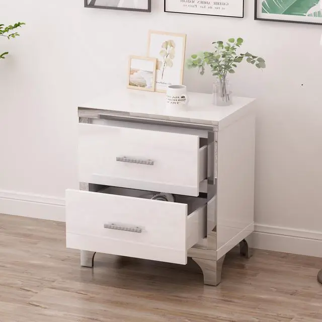 Alt view image 2 of 7 - Elegant High Gloss Nightstand With Metal Handle,Mirrored Bedside Table With 2 Drawers For Bedroom,Living Room,White