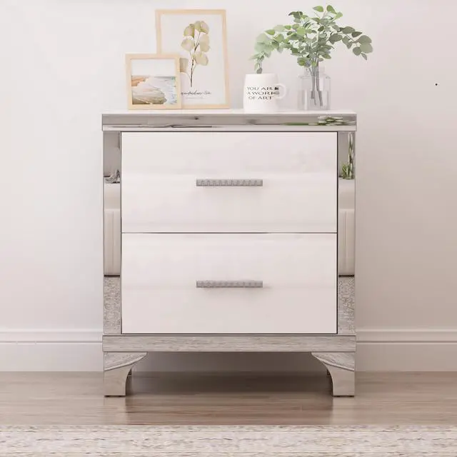 Alt view image 3 of 7 - Elegant High Gloss Nightstand With Metal Handle,Mirrored Bedside Table With 2 Drawers For Bedroom,Living Room,White