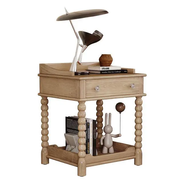 Alt view image 4 of 7 - Retro Style Nightstand With Drawer And Open Shelf For Bedroom, Bedside Table With Turned Legs And Metal Handle,Natural