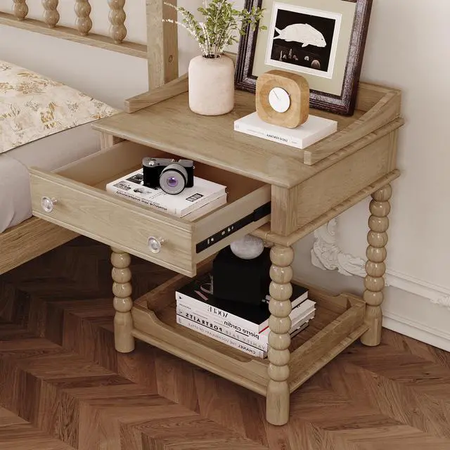 Alt view image 3 of 7 - Retro Style Nightstand With Drawer And Open Shelf For Bedroom, Bedside Table With Turned Legs And Metal Handle,Natural