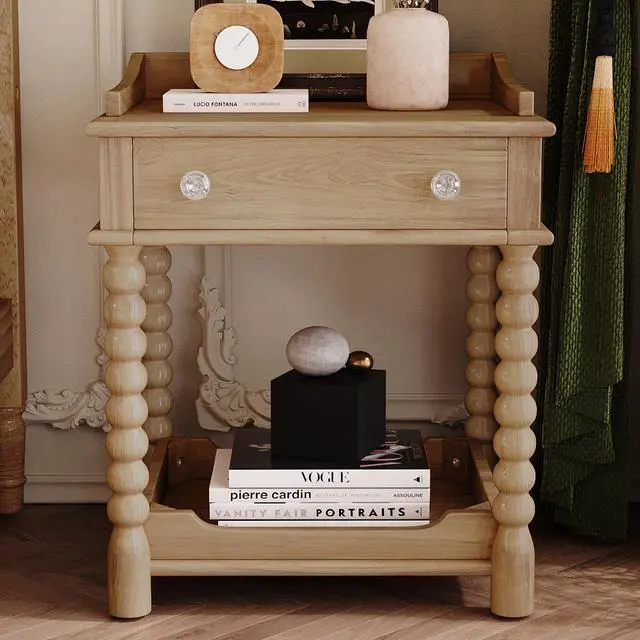 Alt view image 2 of 7 - Retro Style Nightstand With Drawer And Open Shelf For Bedroom, Bedside Table With Turned Legs And Metal Handle,Natural