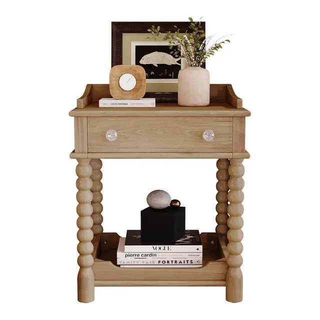Alt view image 5 of 7 - Retro Style Nightstand With Drawer And Open Shelf For Bedroom, Bedside Table With Turned Legs And Metal Handle,Natural