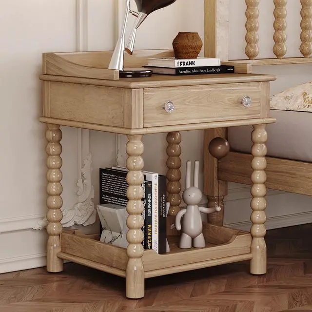 Main image of Retro Style Nightstand With Drawer And Open Shelf For Bedroom, Bedside Table With Turned Legs And Metal Handle,Natural