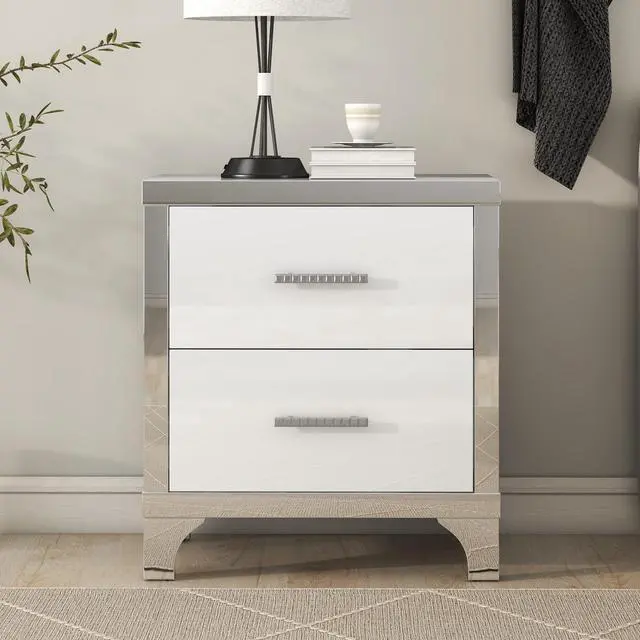 Alt view image 4 of 7 - Elegant High Gloss Nightstand With Metal Handle,Mirrored Bedside Table With 2 Drawers For Bedroom,Living Room,White