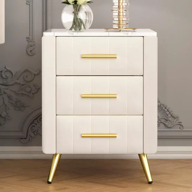 Alt view image 2 of 7 - Upholstered Wooden Nightstand With 3 Drawers And Metal Legs&Handles, Bedside Table With Marbling Stickers Worktop - Beige