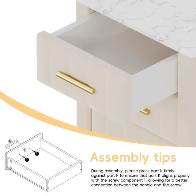 Alt view image 3 of 7 - Upholstered Wooden Nightstand With 3 Drawers And Metal Legs&Handles, Bedside Table With Marbling Stickers Worktop - Beige