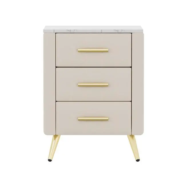 Alt view image 5 of 7 - Upholstered Wooden Nightstand With 3 Drawers And Metal Legs&Handles, Bedside Table With Marbling Stickers Worktop - Beige